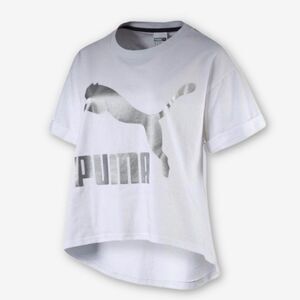 Puma Metallic Logo White Crop High Low Tee Shirt Size Medium